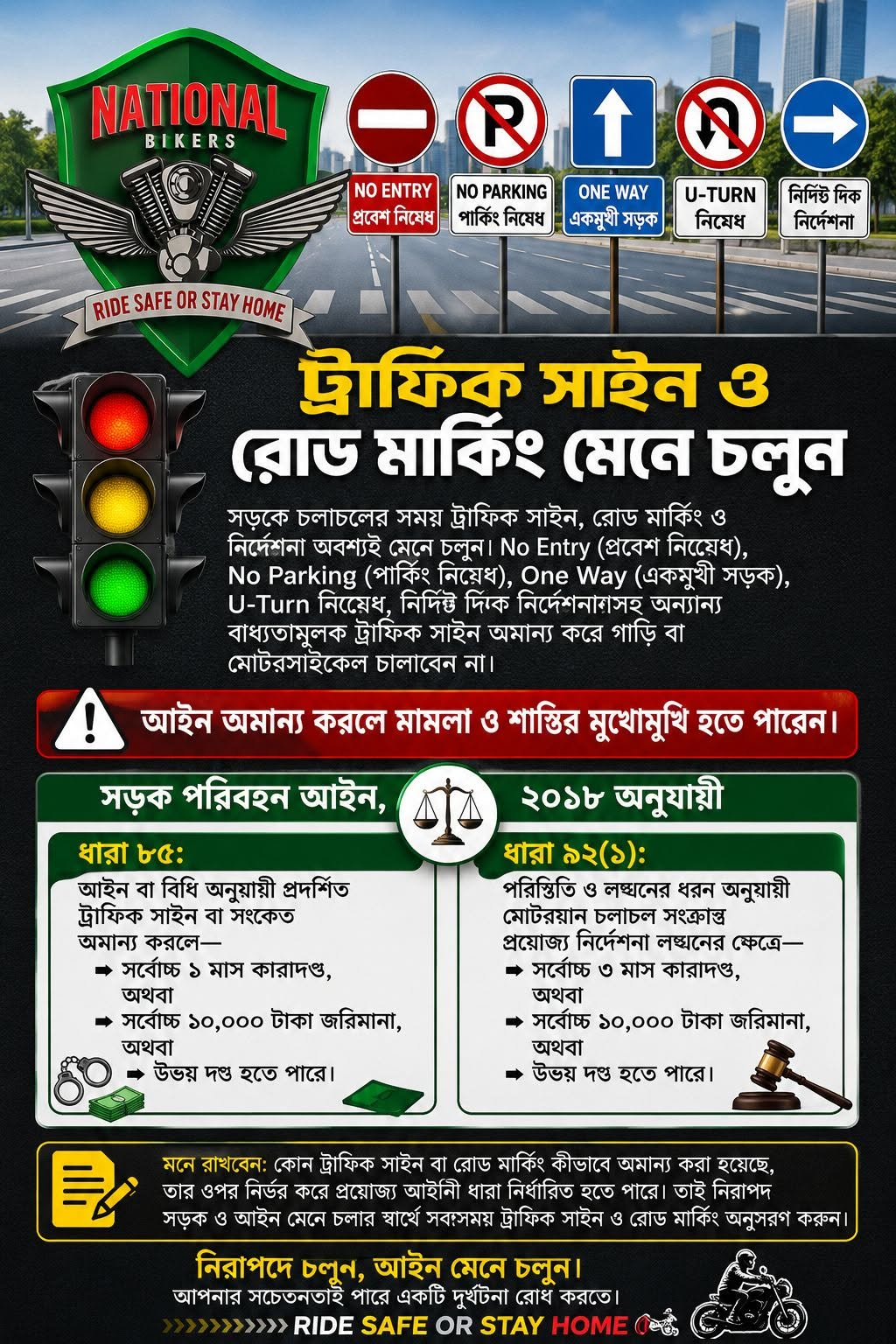ট্রাফিক সাইন ও রোড মার্কিং মেনে বাইক চালানোর নিয়ম
