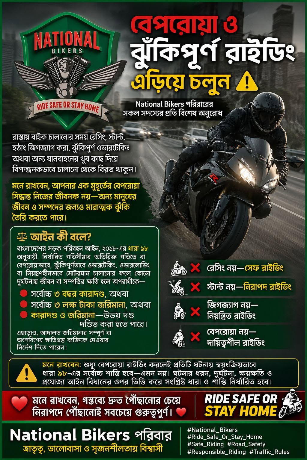বেপরোয়া বাইক চালানোর ঝুঁকি ও বাংলাদেশে আইনি শাস্তি