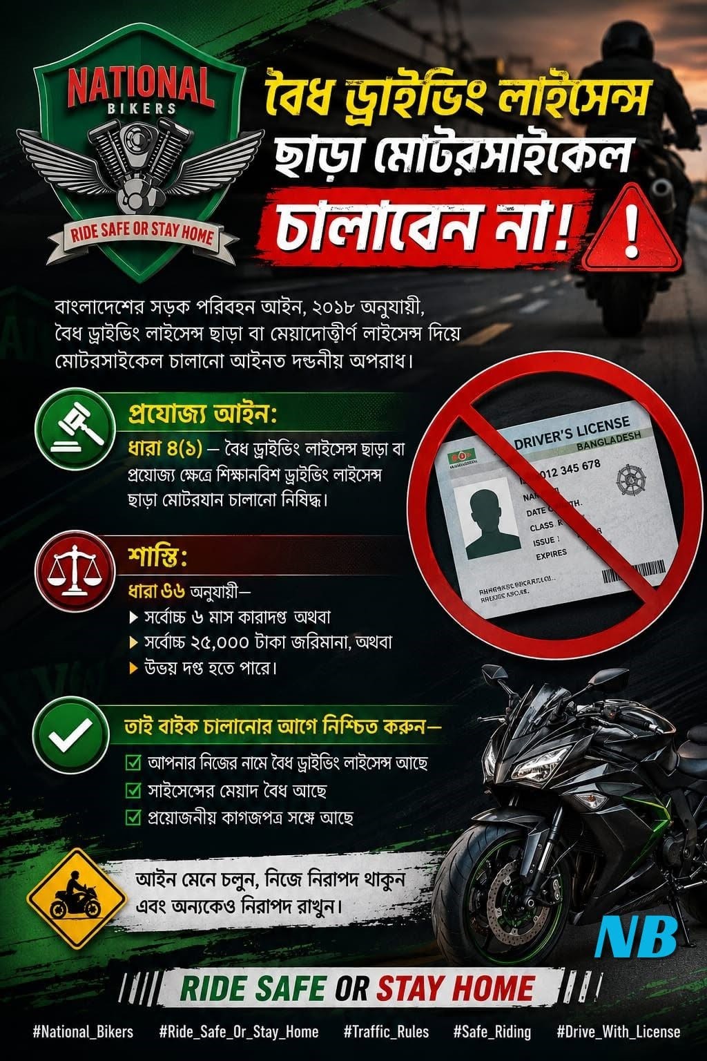 বৈধ ড্রাইভিং লাইসেন্স ছাড়া বাইক চালানো: বাংলাদেশের আইন, শাস্তি ও প্রয়োজনীয় নির্দেশিকা
